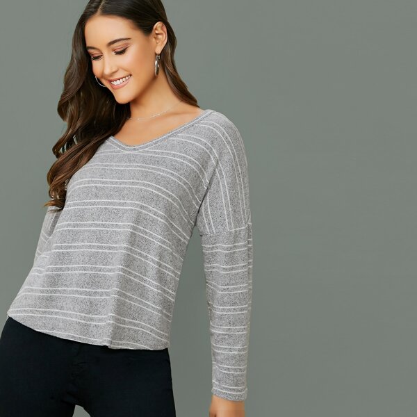 

Brush Knit Long Sleeve Stripe Pullover Sweater, Grey