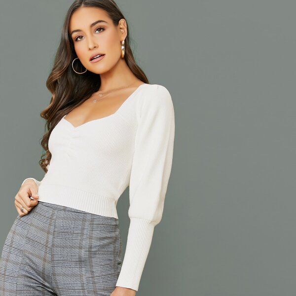 

Ruched V-Neck Rib Knit Puff Sleeve Sweater, White