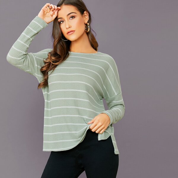 

Long Sleeve Waffle Knit Stripe T-Shirt, Green