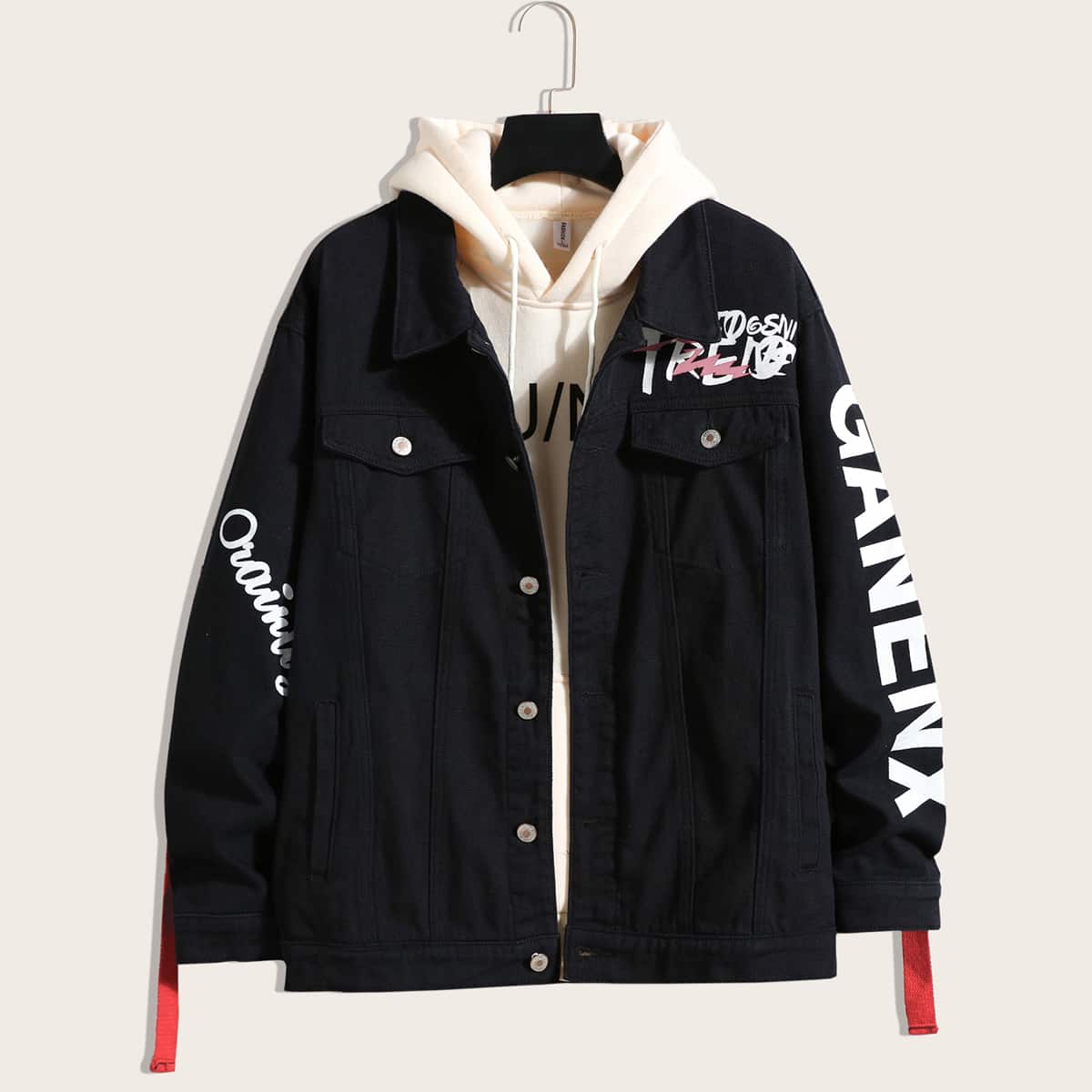 

Guys Letter Graphic Tape Panel Denim Trucker Jacket, Black
