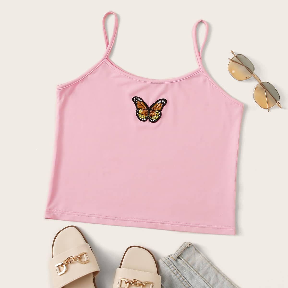 

Butterfly Embroidery Crop Cami Top, Pink