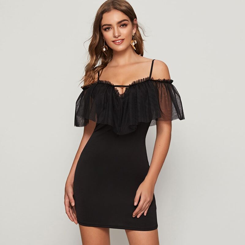 

Cold Shoulder Mesh Ruffle Trim Bodycon Dress, Black