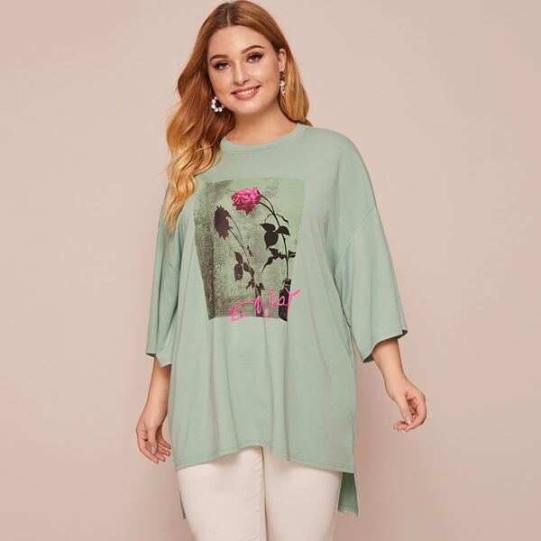 

Plus Floral Print Drop Shoulder Dip Hem Tee, Green
