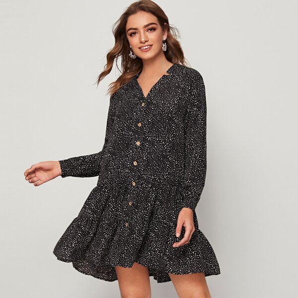 

Dalmatian Print Button Front Smock Dress, Black