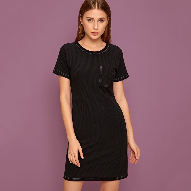 

Ribbed Pocket Black Tee Dress