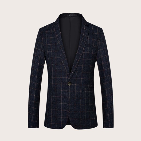 

Men Single Button Plaid Blazer, Black