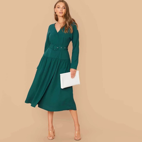 

Buckle Belted Wrap Solid Dress, Green