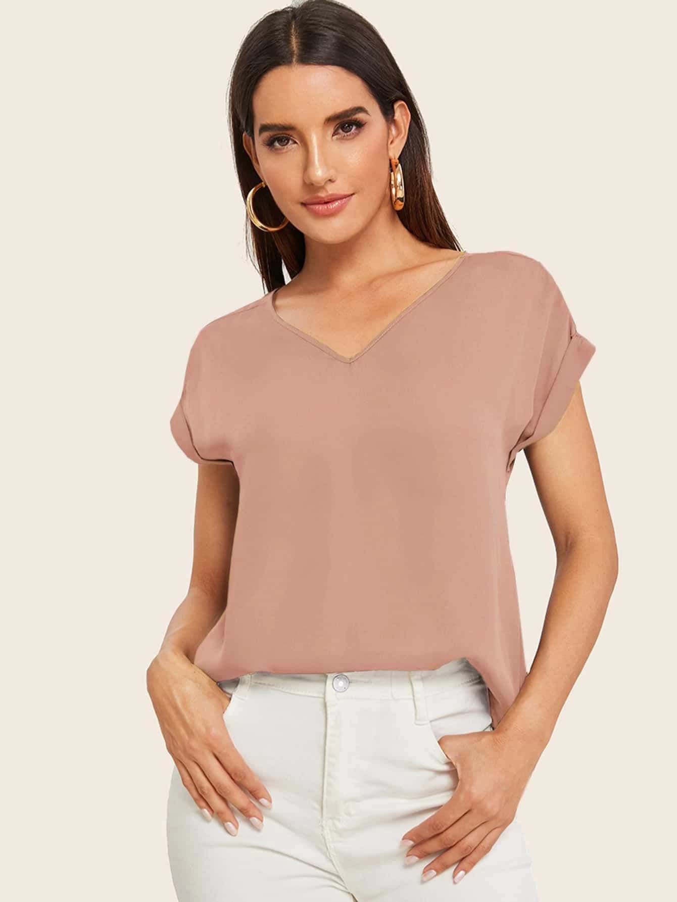 SHEIN LUNE Solid V-Neck Rolled Sleeve Top - Dusty Pink - View 1