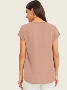 SHEIN LUNE Solid V-Neck Rolled Sleeve Top - Dusty Pink - View 2