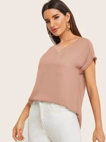 SHEIN LUNE Solid V-Neck Rolled Sleeve Top - Dusty Pink - View 3