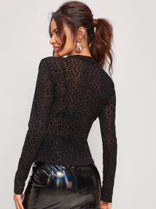 SHEIN Leopard Flocked Mesh Top Without Bra - Black - View 2