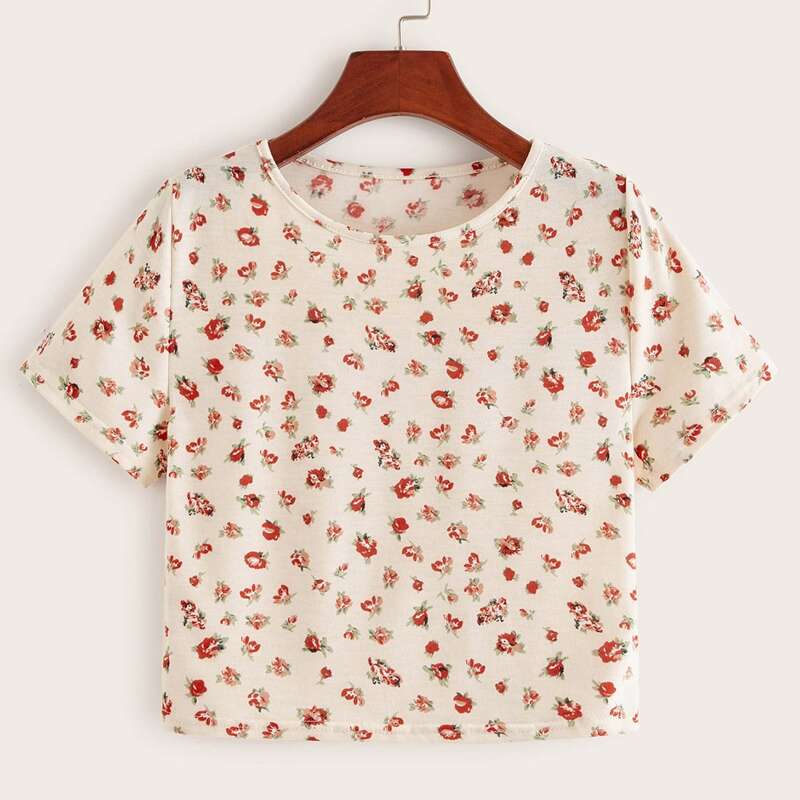 

Allover Floral Print Crop Tee, Multicolor