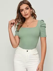 SHEIN Privé 素色方形領泡泡袖上衣 - 薄荷綠 - 查看 1
