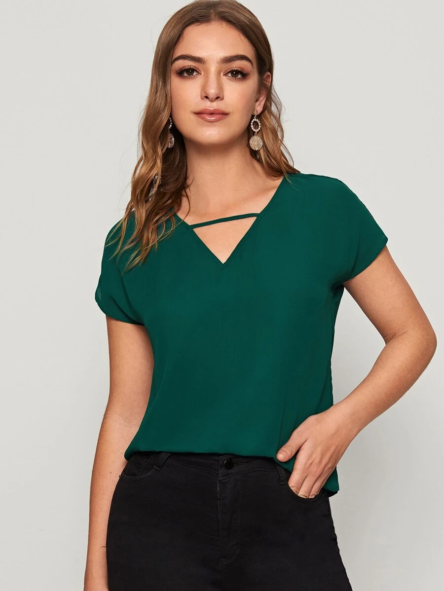 SHEIN LUNE V-cut Neck Batwing Sleeve Top - Dark Green - View 1
