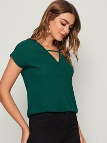 SHEIN LUNE V-cut Neck Batwing Sleeve Top - Dark Green - View 3