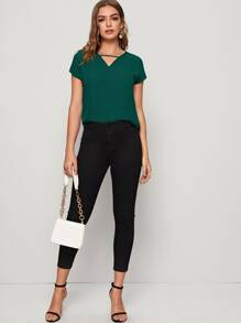 SHEIN LUNE V-cut Neck Batwing Sleeve Top - Dark Green - View 4