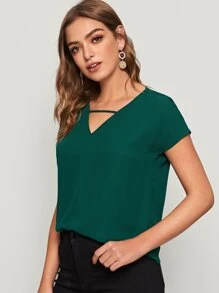 SHEIN LUNE V-cut Neck Batwing Sleeve Top - Dark Green - View 5