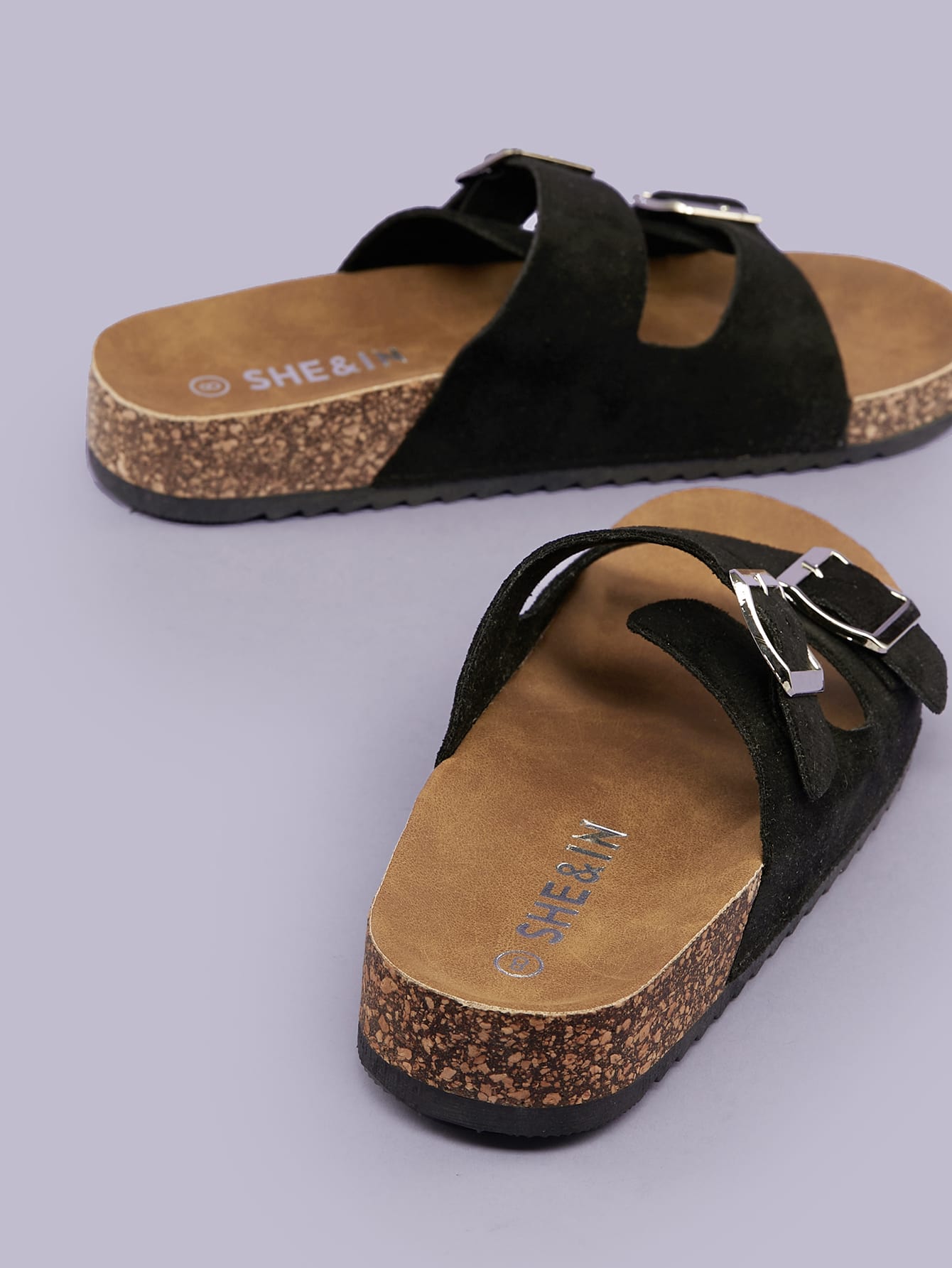 double buckle cork footbed slide sandals