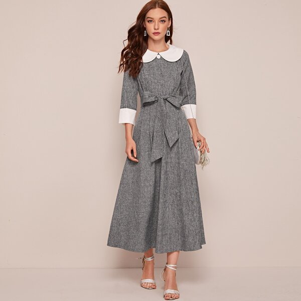 

Contrast Peter-pan-collar and Cuff Linen Look Belted Dress, Grey