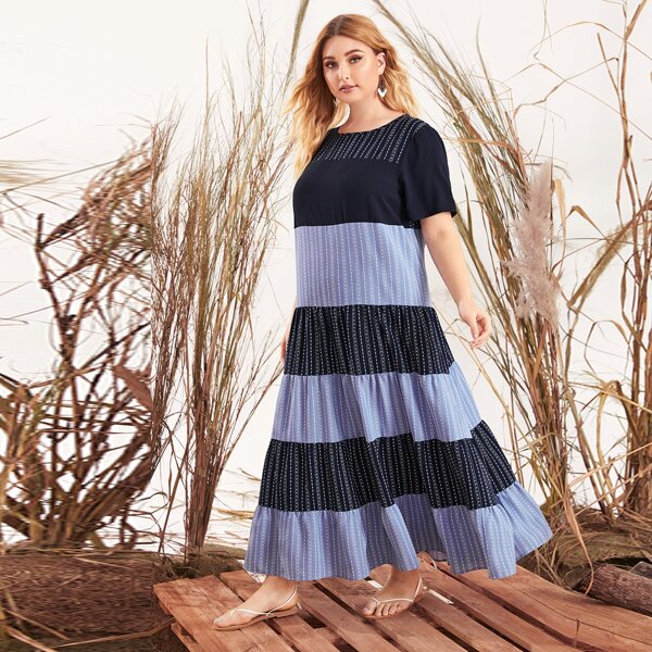 

Plus Layered Ruffle Hem Colorblock Dress, Multicolor