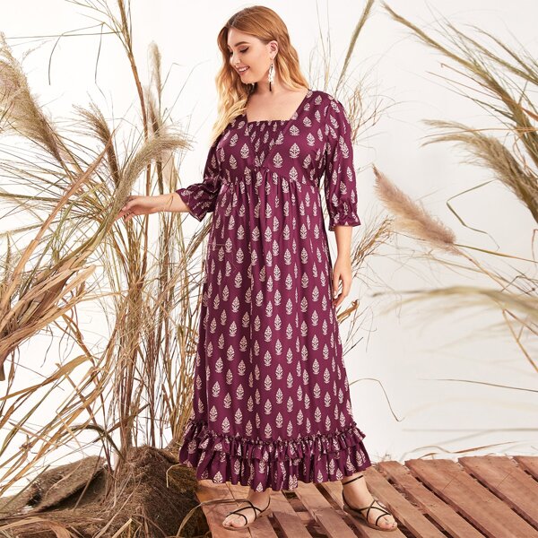 

Plus Shirred Front Ruffle Trim Belted Tribal Print Dress, Burgundy