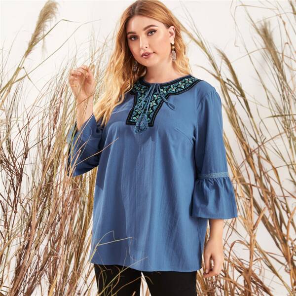 

Plus Tie Neck Embroidered Yoke Flounce Sleeve Blouse, Blue