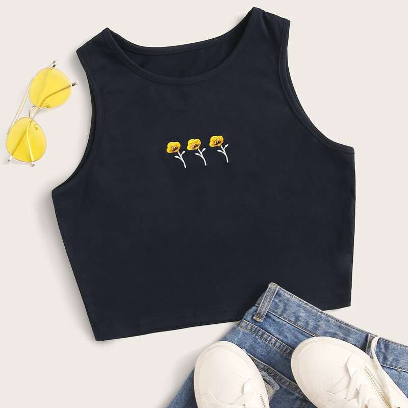 

Floral Crop Tank, Navy blue