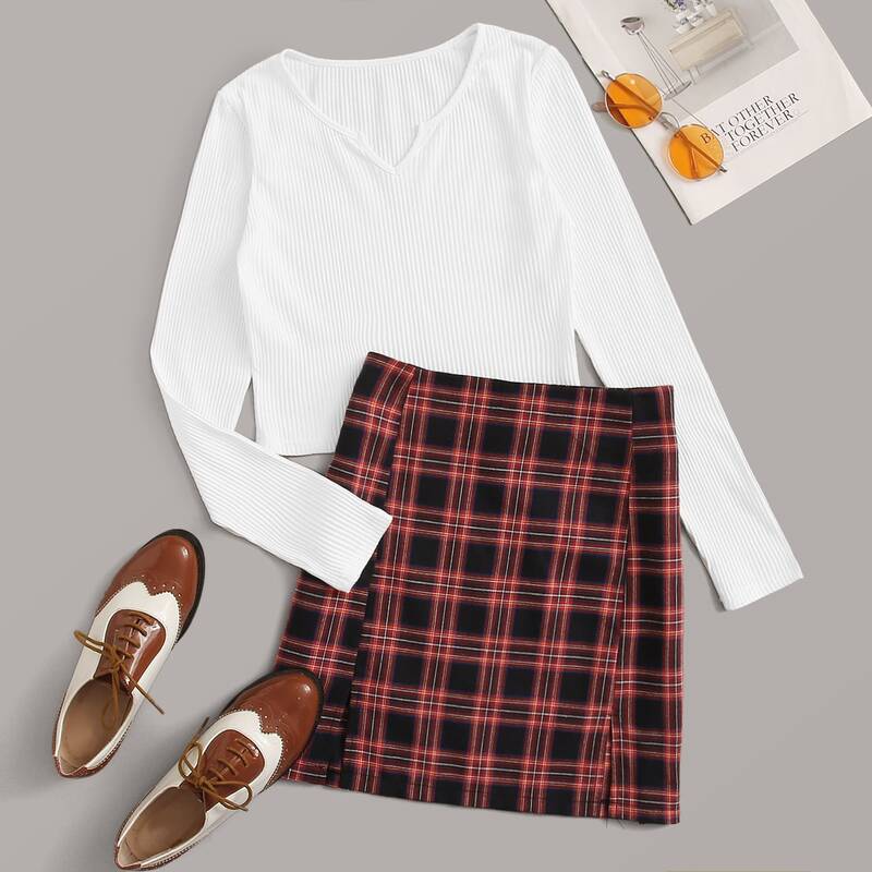 

Notch Neck Ribbed Tee & Plaid Skirt, Multicolor