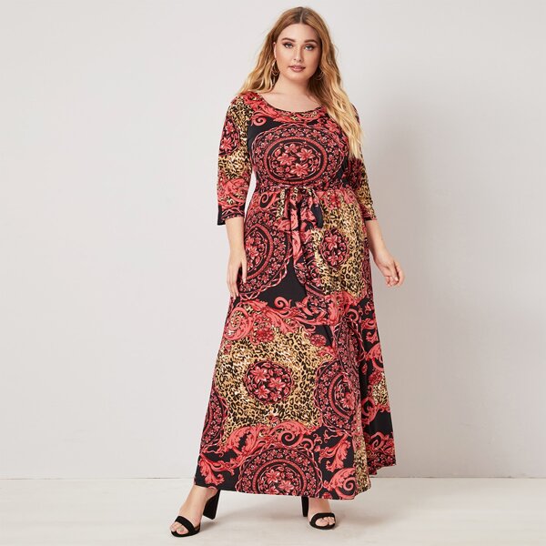 

Plus Raglan Sleeve Scarf Print Belted Dress, Multicolor