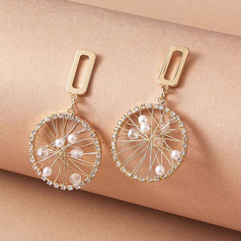 

1pair Faux Pearl & Rhinestone Decor Round Drop Earrings, Gold