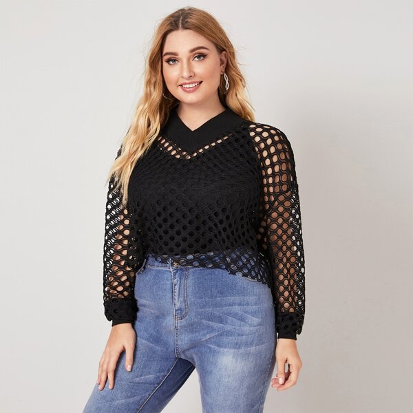 

Plus Drop Shoulder Fishnet Mesh Top Without Cami, Black