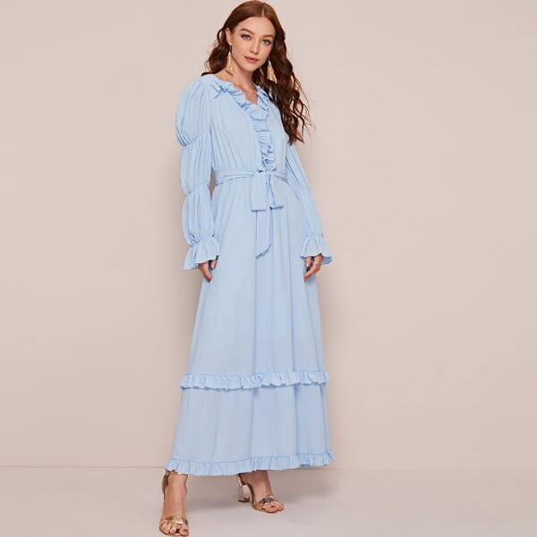 

Ruffle Trim Self Belted Lantern Sleeve Dress, Blue pastel