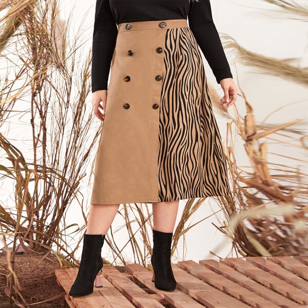 

Plus Zebra Striped Panel Double Breasted Skirt, Multicolor