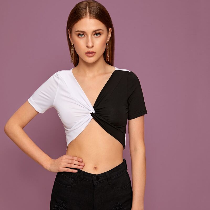 

Colorblock Twist Front Crop Tee, Black and white