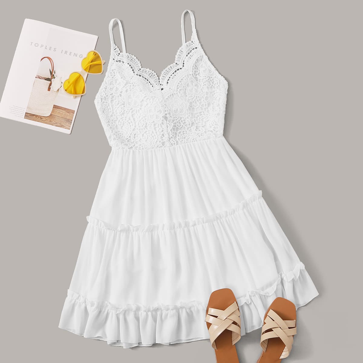 

Guipure Lace Tie Back Cami Dress, White