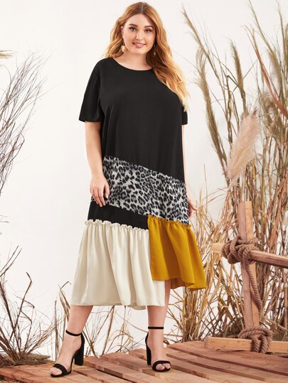 SHEIN Unity Plus Asymmetrical Ruffle Hem Color Block Leopard Dress