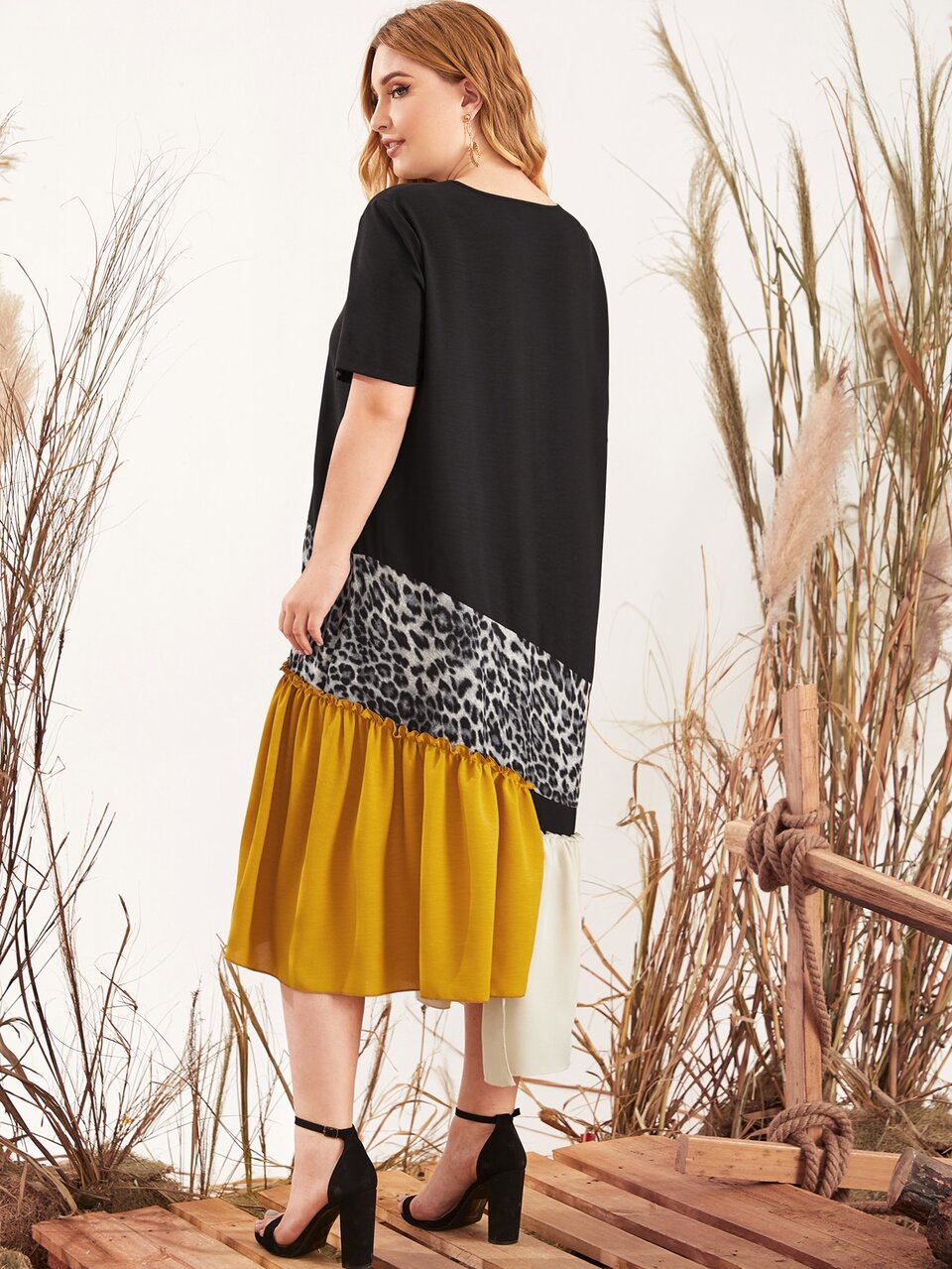 Plus Asymmetrical Ruffle Hem Color Block Leopard Dress