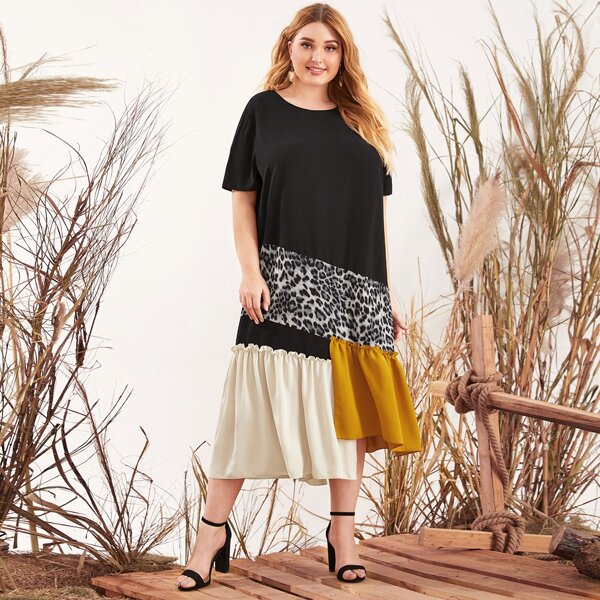 

Plus Asymmetrical Ruffle Hem Color Block Leopard Dress, Multicolor