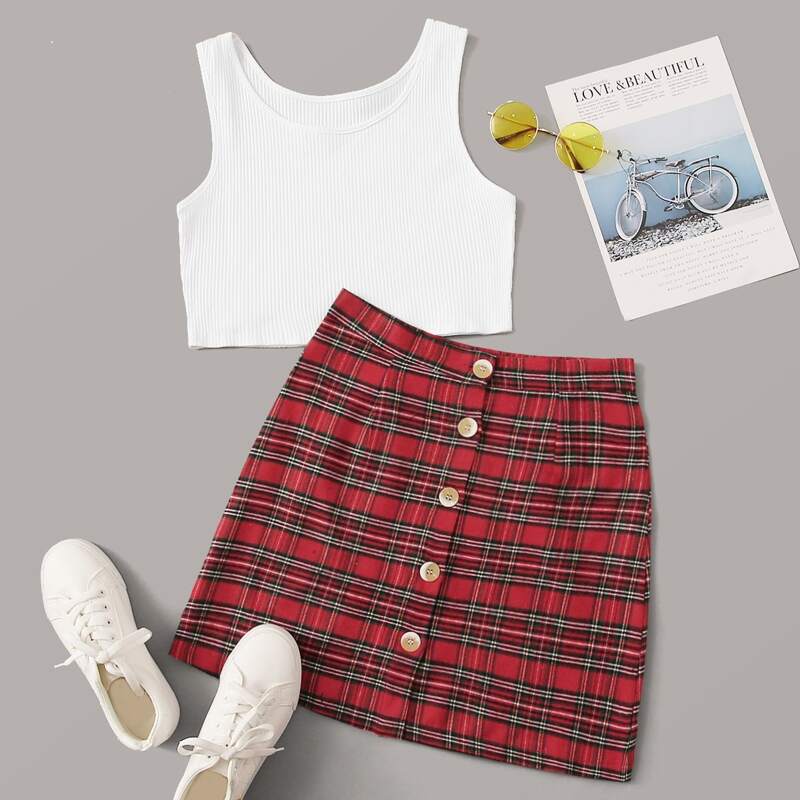 

White Ribbed Tank & Tartan Plaid Button Skirt, Multicolor