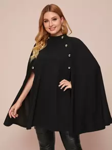 SHEIN Plus Mock-neck Button Detail Cape Coat - Black - View 1