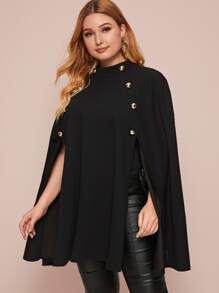 SHEIN Plus Mock-neck Button Detail Cape Coat - Black - View 4