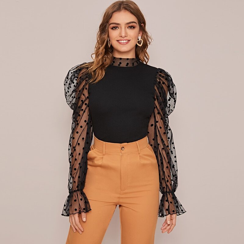 

Ruffle Cuff Dot Mesh Sleeve Rib-knit Top, Black