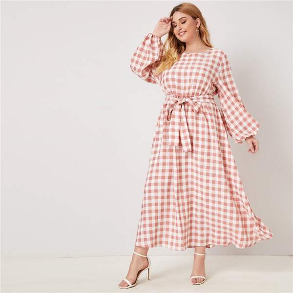 

Plus Lantern Sleeve Belted Gingham Dress, Pink