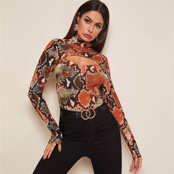 

Mock Neck Snakeskin Print Peekaboo Top, Multicolor