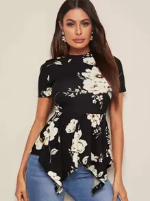 SHEIN Floral Print Hanky Hem Tee - Black and White - View 1