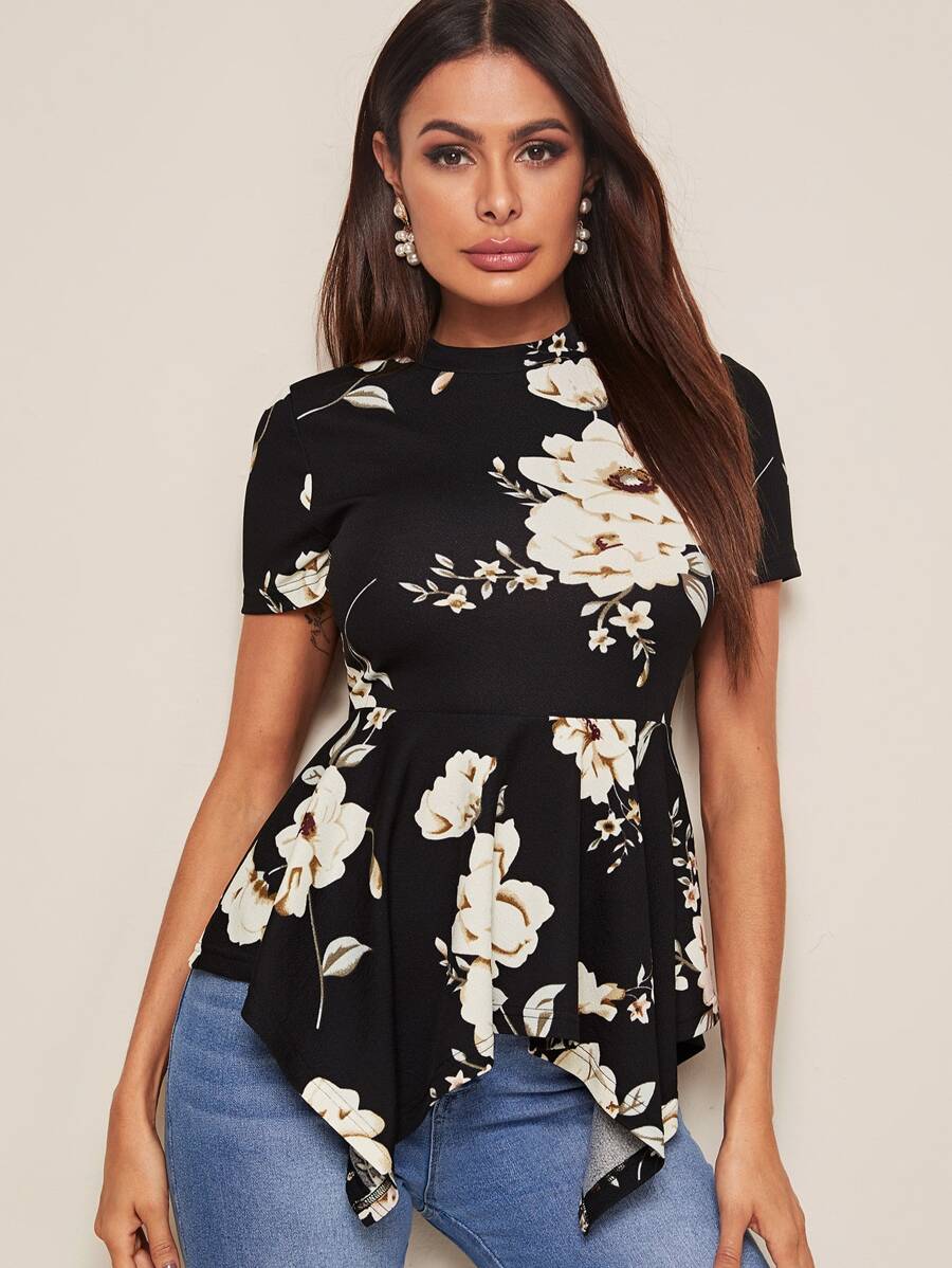 SHEIN Floral Print Hanky Hem Tee - Black and White - View 1