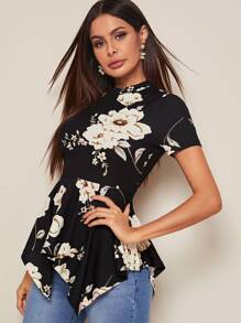 SHEIN Floral Print Hanky Hem Tee - Black and White - View 4