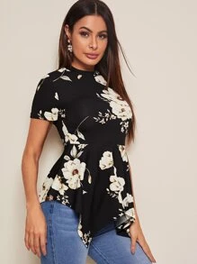 SHEIN Floral Print Hanky Hem Tee - Black and White - View 5