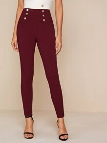 SHEIN Privé Wide Waistband Double Button Skinny Trousers - Burgundy - View 1