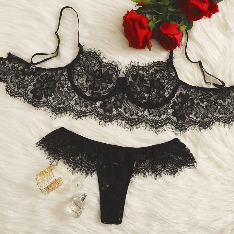 

Eyelash Floral Lace Lingerie Set, Black